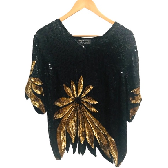 Vintage Royal Feelings 100% Silk sequined Top Sz M - Picture 1 of 8